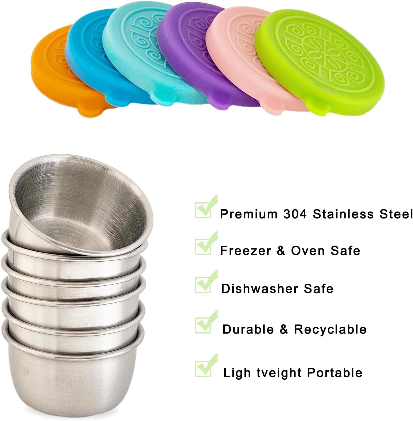 Gnicaela 6-Pack Salad Dressing Food Storage Containers with Leakproof Silicone Lids, 50ml Stainless Steel Condiment & Dipping Sauce Cups Ideal for Lunch Bento Boxes