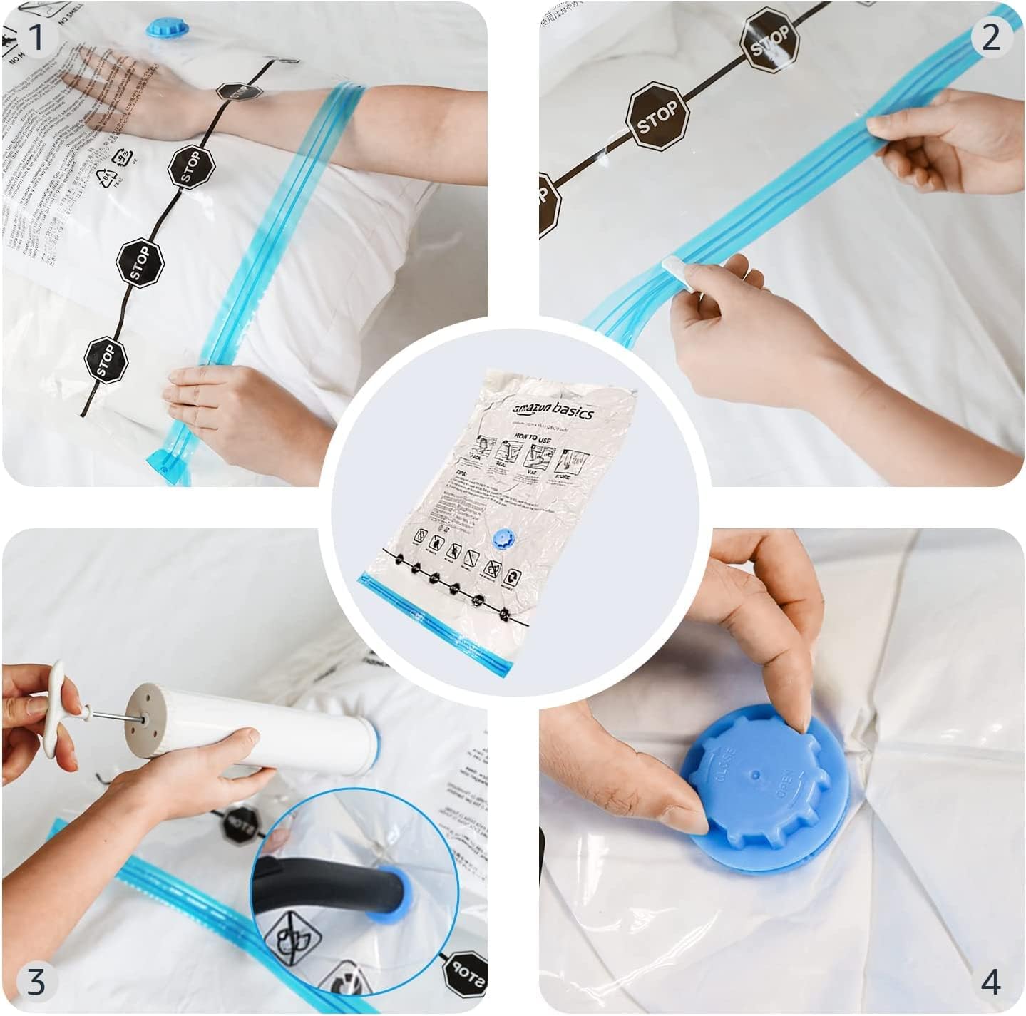 Amazon Basics Zipper Vacuum Bags with Hand Pump, Pack of 15, 2 X Jumbo, 5 Jumbo, 4 Large, 4 Medium, Clear