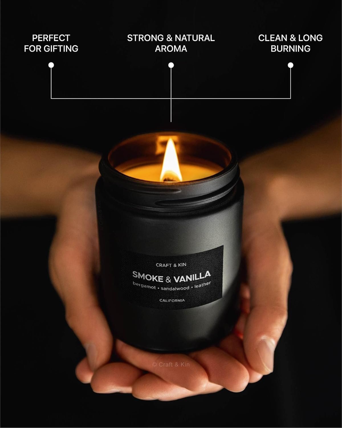Craft & Kin Scented Black Candles for Men | Fathers Day Gift for Dad | Premium Smoke & Vanilla Spring Scented Candles | Long Lasting with 45 Hour Burn Time, 7.6oz