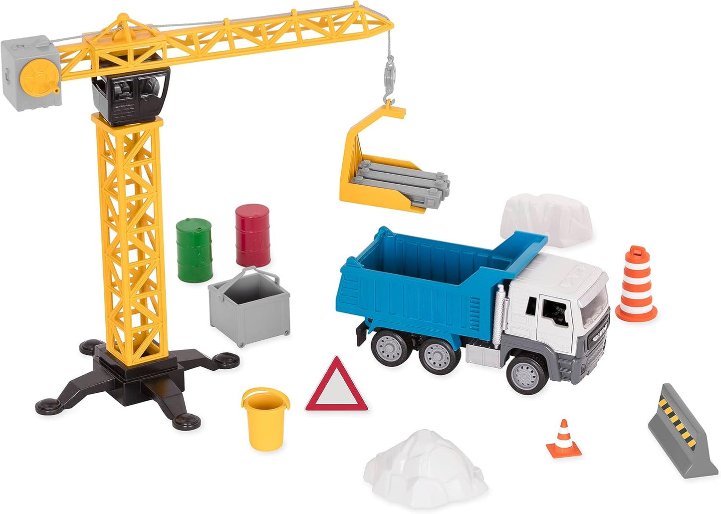 Driven by Battat Playset for Kids Dump Truck & Accessories - Pretend Toy, Signs, Beams, & More - 3 Years - Construction Crane Play Set (62pc), Multicoloured, Standard, WH1273Z