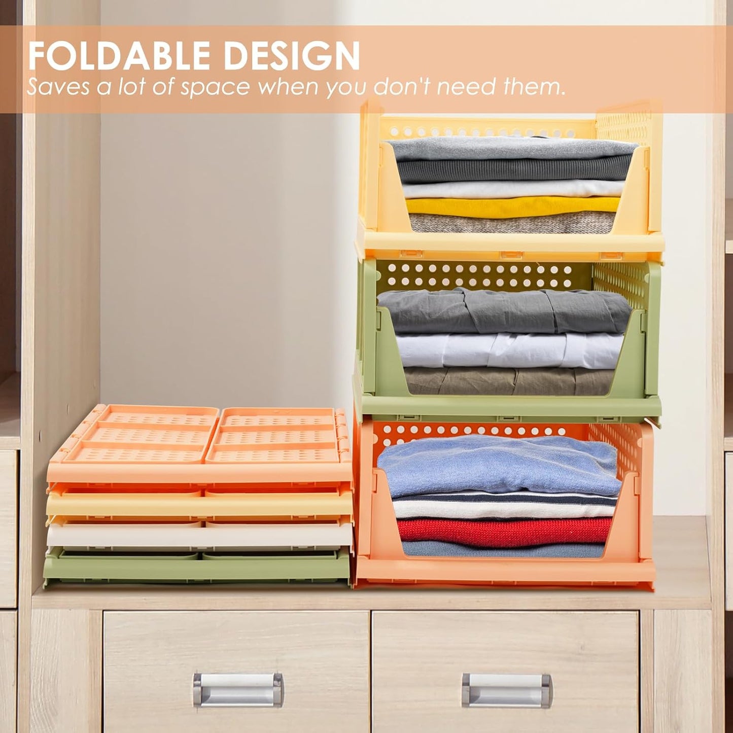 jocabo Folding Wardrobe Storage Shelf Baskets Box 4-Pack Plastic Drawer Organizer Stackable Cloth Closet Container Bin Cube Home Office Bedroom Laundry Drawer Crate Book Goods Organization -Colorful