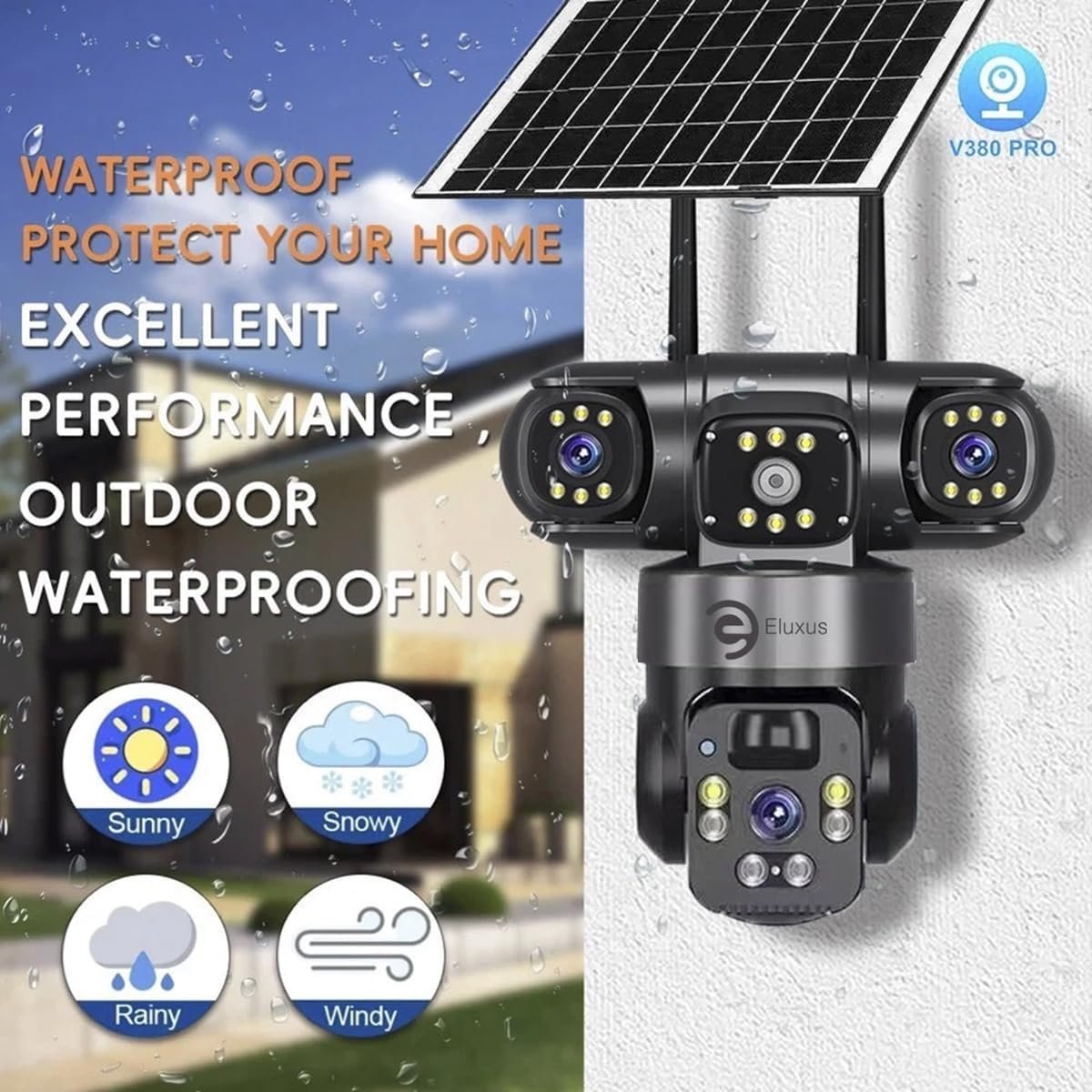 Eluxus Solar Security Camera 360° Rotatable, 3 Camera Screens, Waterproof, 4K HD, Motion Detection, 2-Way Audio, App Control, Lithium Battery, Cloud & SD Storage – Indoor/Outdoor CCTV (with Solar)