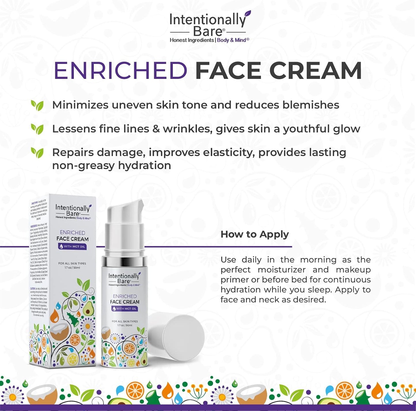 Intentionally Bare Enriched Facial Cream with MCT Oil - Keto for Your Face - Hydrating, Non-Greasy - Anti Aging Collagen Boosting Wrinkle Moisturizer Face Cream - Mature Women, All Skin Types - 1.7oz