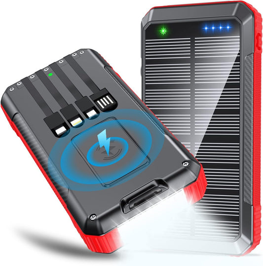 DJKK Solar Power Bank Wireless Charger 33800mAh Built in 4 Cables and LED Camping Lights 22.5W Fast Charging Power Bank 7 Outputs 4 Inputs Portable Charger Compatible with All Mobile Devices (Red)