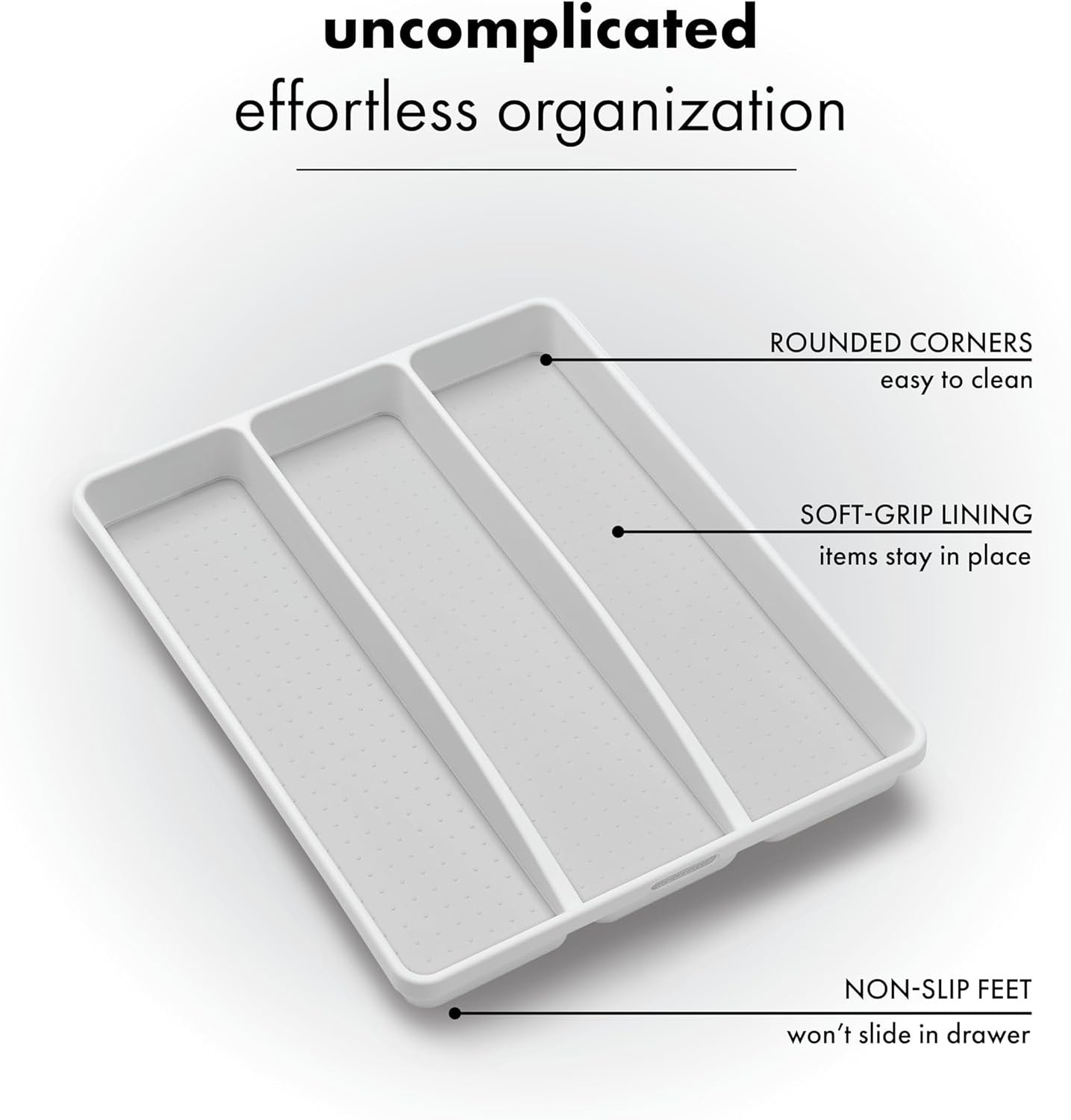Madesmart Classic 3-Compartment Plastic Utensil Tray for Drawers, Multipurpose Storage Tray Drawer Organizer, White