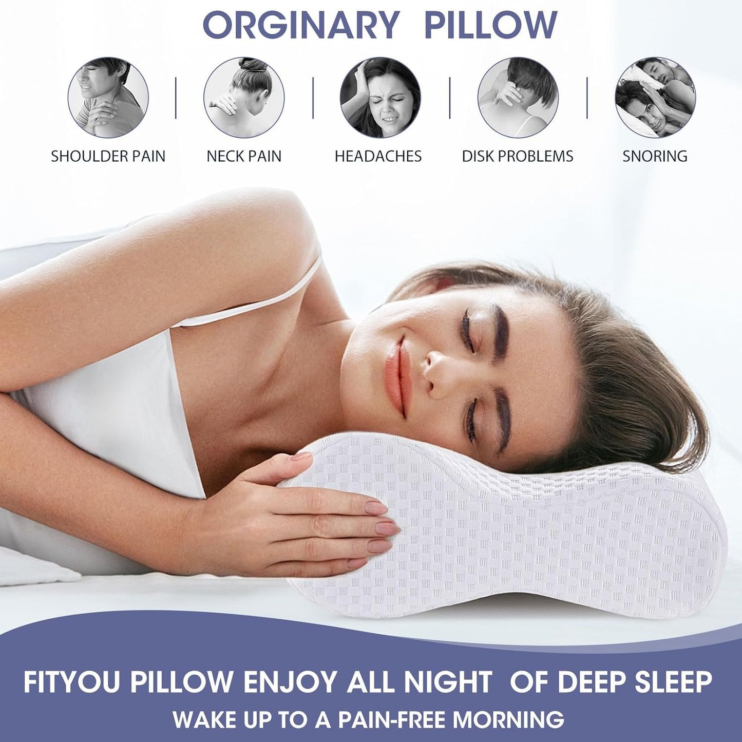 Ergonomic Memory Foam Neck Pillow (White, 60 * 30 * 10/13CM)