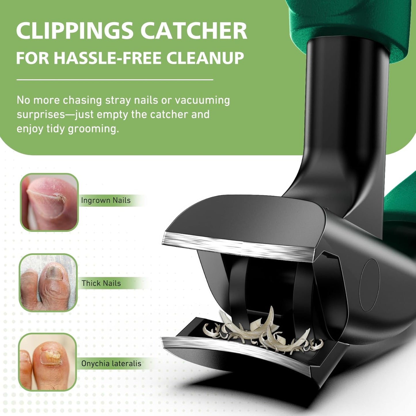 BALUCA Curved Head Toenail Clippers for Seniors for Thick Toenails, Long Handle Toe Nail Clippers with Catcher, German Stainless Steel Angled Nail Clippers with Silicone-Grip - Green