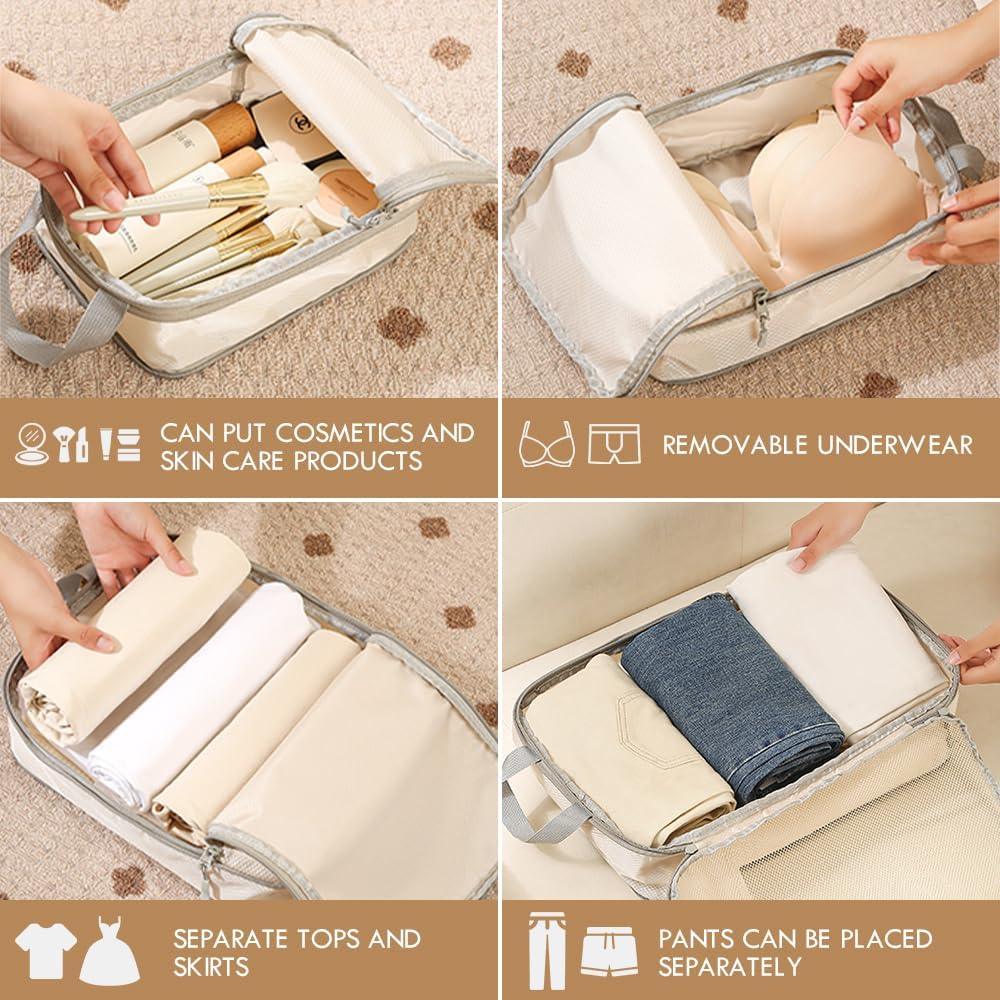 Bansga Suitcase Organizer, 4 Set Travel Organizer, Compression Packing Cube Space-Saving Expandable Ultralight Travel, Clothing Organizers Sacks Storage Suitcase Set-Beige