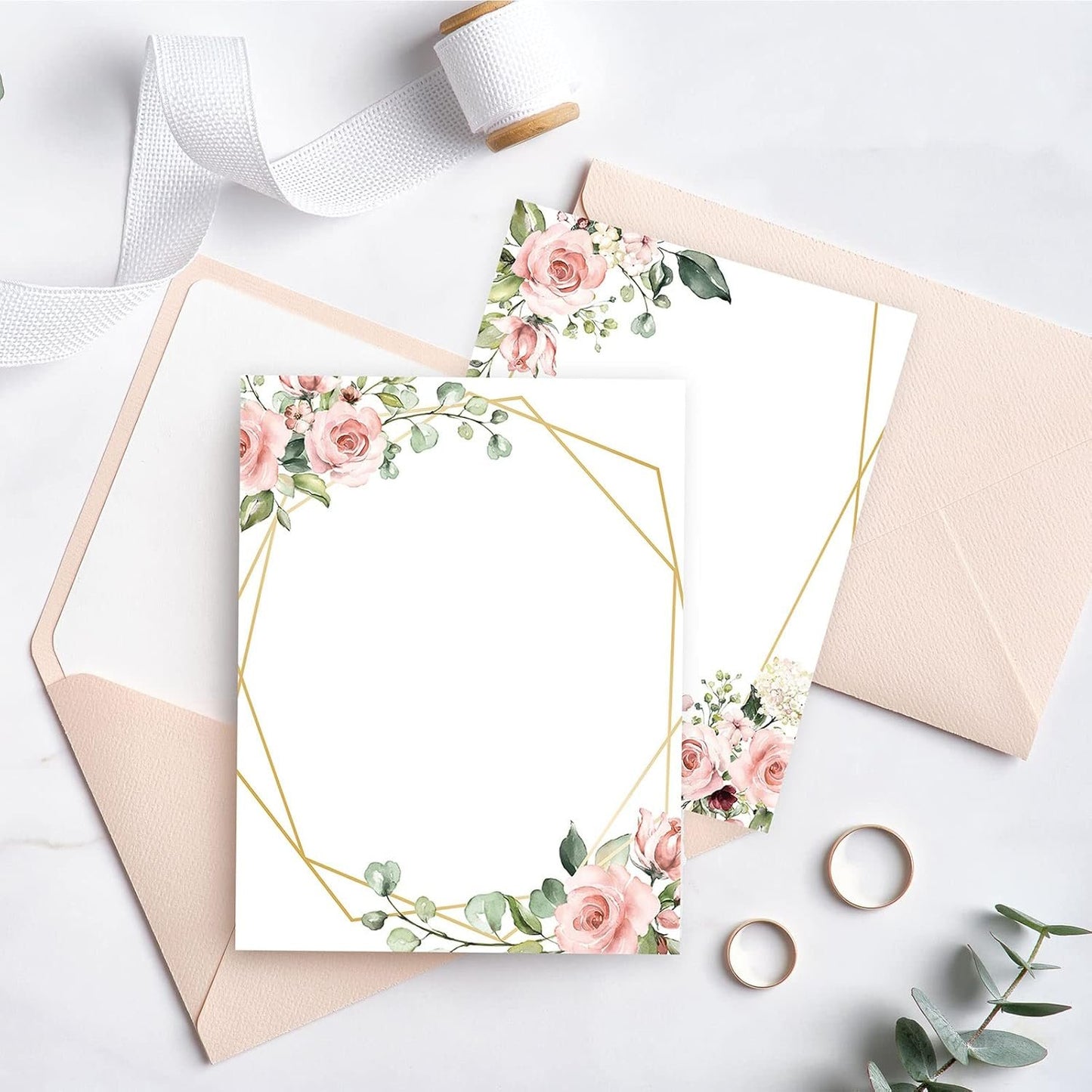 AnyDesign 48 Sheet Floral Stationery Letterhead Paper Pink Flower Letter Writing Paper Wedding Floral Border Paper Notes Greeting Paper for Wedding Party Invitations School Printing, 8.5x11 Inch