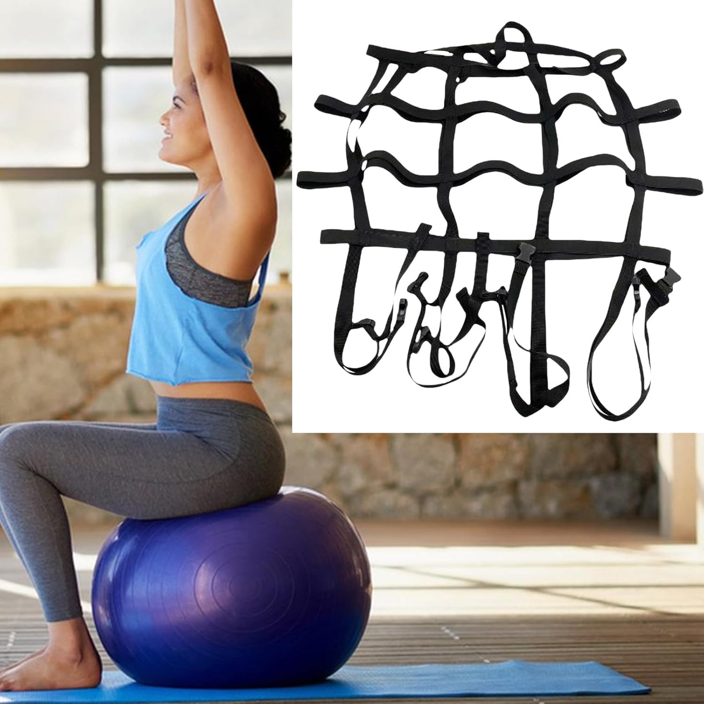 Yoga Ball Strap, Workout Belt Holder, Adjustable Lightweight Harness, Authentic Secure Fit, Gym Sports Gear for Stretching Pilates, Travel, Outdoor, Training Use