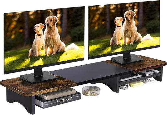 CyperEver Monitor Stand with Drawer, Dual Monitor Stand Riser for Desk, Wooden Computer Monitor Stand & Desktop Shelf, Home Office Desk Accessories, 39.3"x10.6"x4.3" (Brown & Black)