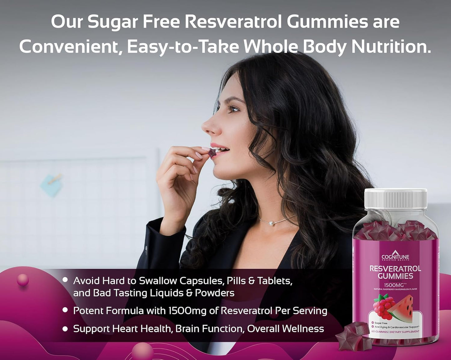Resveratrol Gummies - Sugar Free Natural Raspberry Watermelon Flavor, 1500mg Resveratrol Supplement for Heart, Brain, Immune Support & Wellness, Powerful Antioxidant with Anti-Aging Benefits