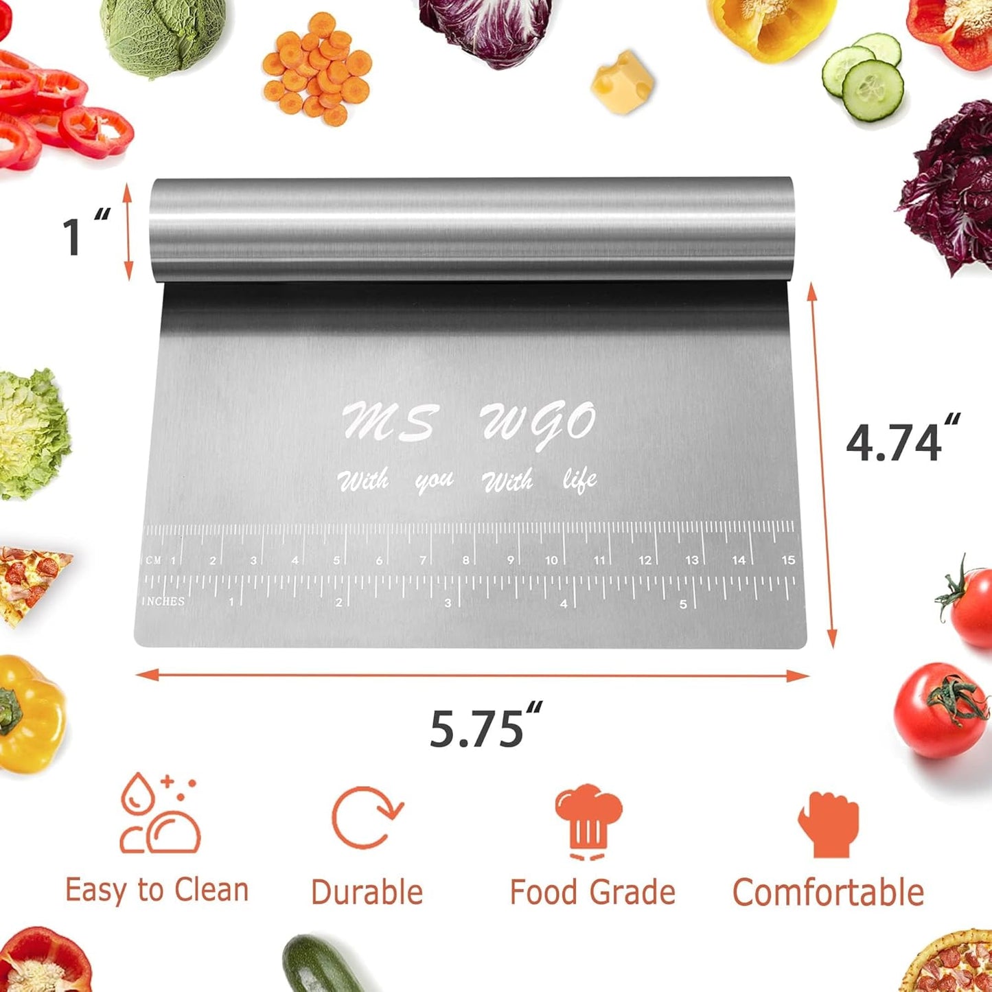 Pro Dough Pastry Scraper/Cutter / Chopper Stainless Steel Mirror Polished Good Grips with Measuring Scale Multipurpose- Cake, Pizza Cutter - Pastry Bread Separator Scale Knife