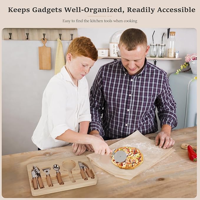 Stainless Steel Kitchen Gadget with Wood Organizer - Can Opener, Vegetable Peeler, Ice Cream Scoop, Pizza Cutter, Garlic Press - Kitchen Tools and Gadgets 2025 Cooking Kitchen Essentials