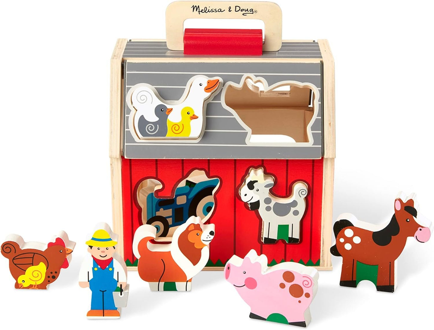 Melissa & Doug Wooden Take-Along Sorting Barn Toy with Flip-Up Roof and Handle, 10 Wooden Farm Play Pieces - Farm Toys, Shape Sorting And Stacking Learning Toys For Toddlers And Kids Ages 2+