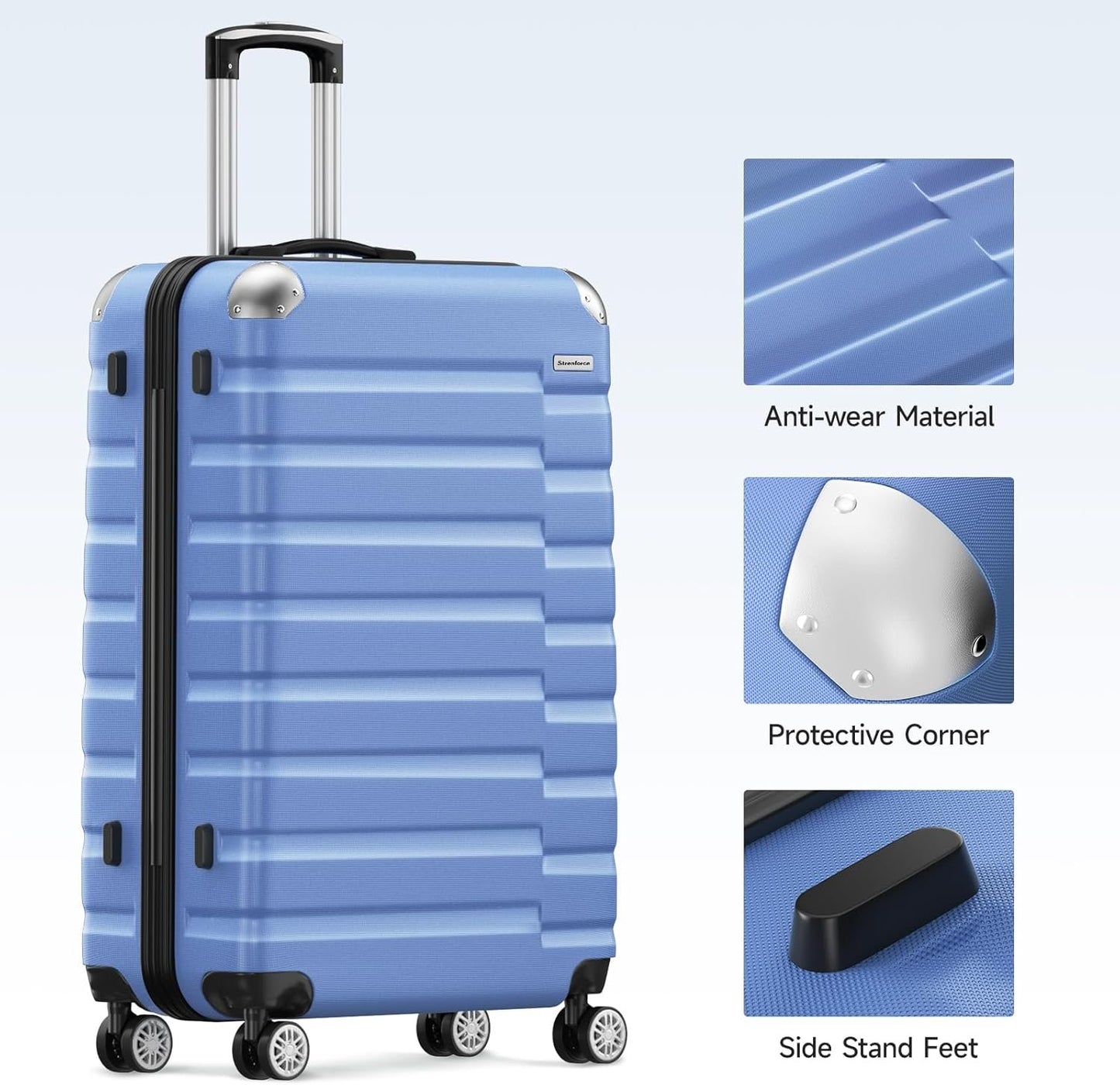 Strenforce Carry-On Luggage with 8 Spinner Wheels Travel Suitcase TSA Lock 20inch,Light Blue