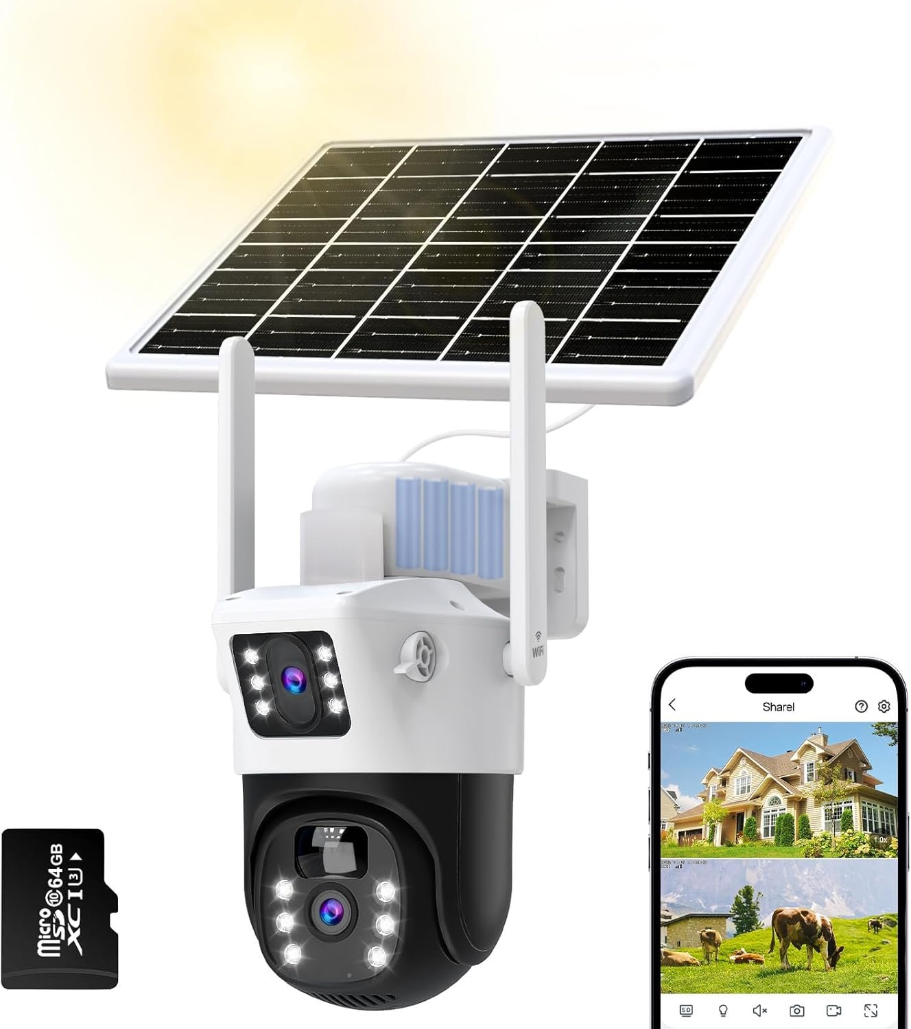 oolong Security Camera Outdoor Wireless with Dual Lens Dual PIR,10400mAh Battery,355°P 90°T, 8W Solar Panel,Solar Home WiFi Surveillance Ring Camera with Color Night Vision,64GB Card Included,IP66