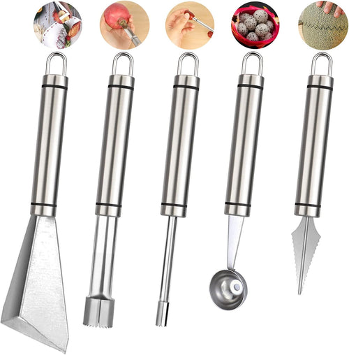 SanKitc 5 Pcs Melon Baller Scoop Set - Stainless Steel Kitchen Gadgets With Carving Tool, Scoop, Apple Corer and Cherry Corer