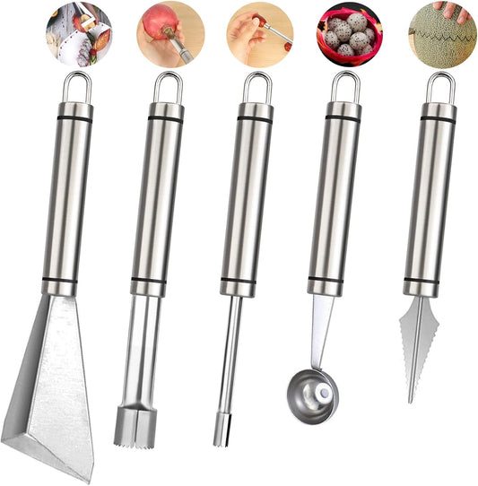SanKitc 5 Pcs Melon Baller Scoop Set - Stainless Steel Kitchen Gadgets With Carving Tool, Scoop, Apple Corer and Cherry Corer