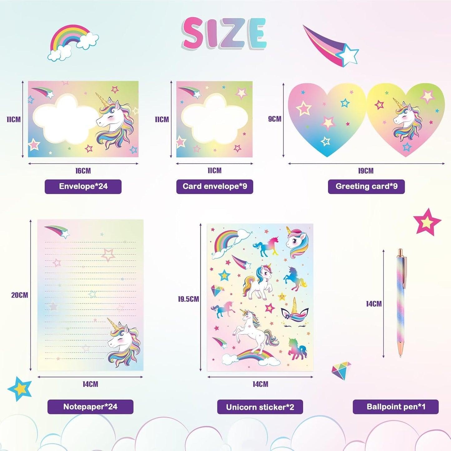 Unicorn Stationery Set - 69 PCS Letter Writing Paper Kit for Girls Kids Unicorns Gifts for Girls Stationery Writing Sheets with Envelopes Greeting Cards Stickers Ballpoint Pen