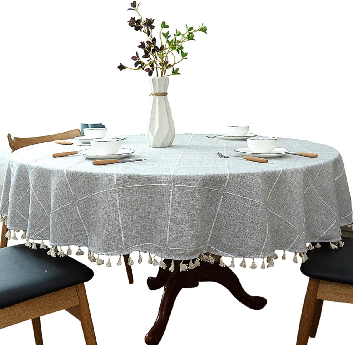 Heavy Weight Cotton Linen Tablecloth, Plaid Tassel Round Table Cover for Kitchen Dining Room Tabletop Decorations, Round - 78", Grey