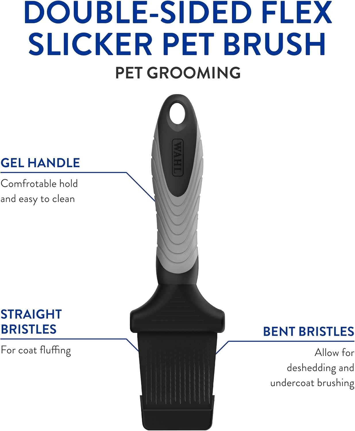 WAHL Professional Animal Double-Sided Flex Slicker Brush for Dogs & Cats (#858478) - Durable Pin Brush for Long-Haired Breeds like Bichon Frises & Collies - Ergonomic Black & Gray Grooming Tool
