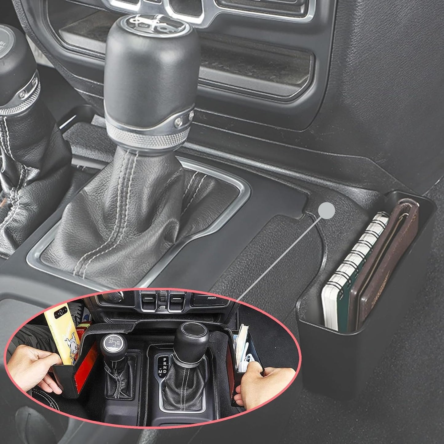Wocch 2Pcs/Set JL Gear Shift Organizer Side Tray & Center Console Hanging Box for 2018-2024 Jeep Wrangler JL JLU & Gladiator JT Gear Shifter Side Storage Box Interior Accessories