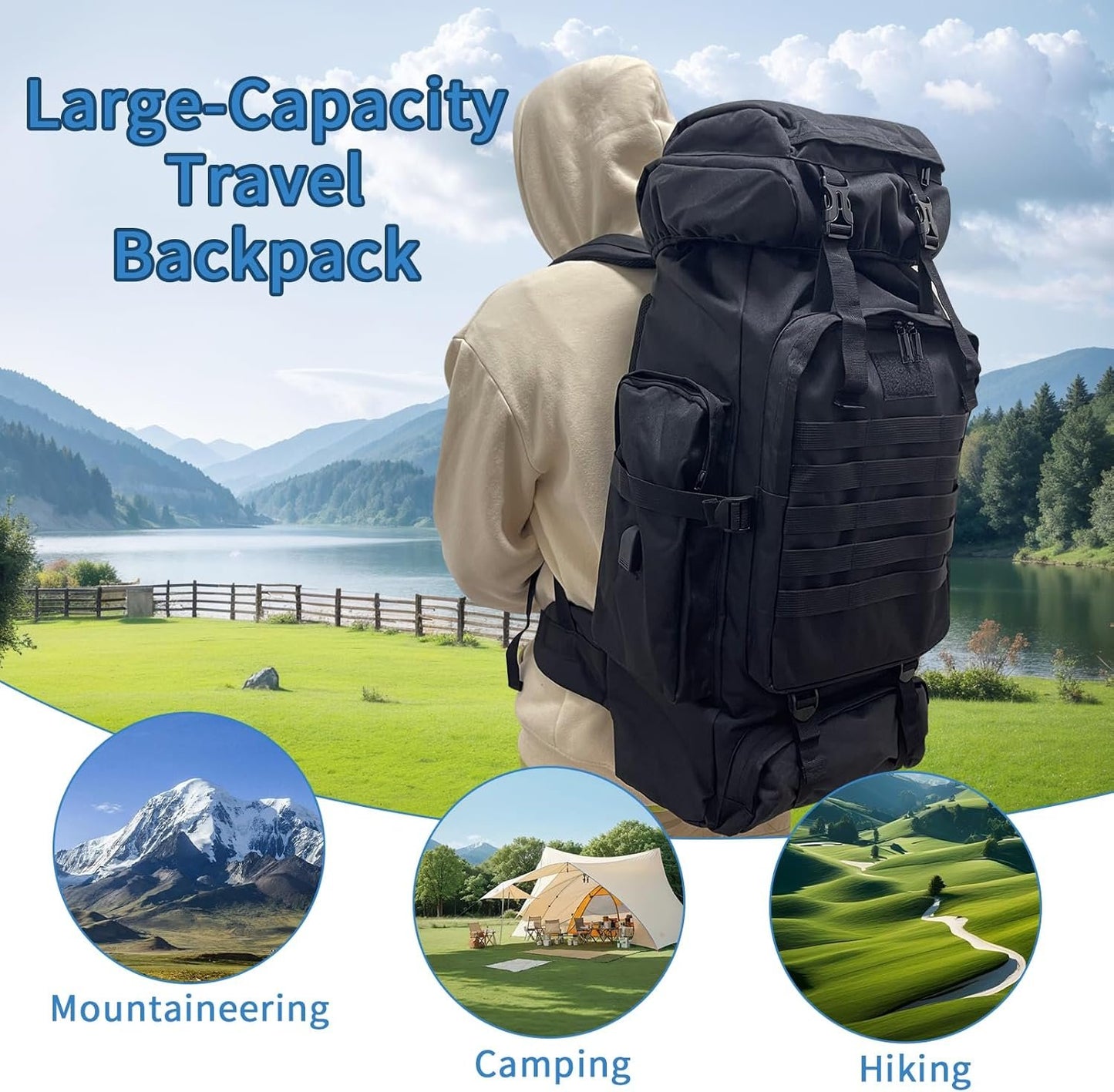 Toguma 80L Internal Frame Backpack Hiking Backpack for Men Woman, Large Tactical Backpack Rucksack Travel Daypack Laptop Backpack for Climbing Outdoor Sport (Black)