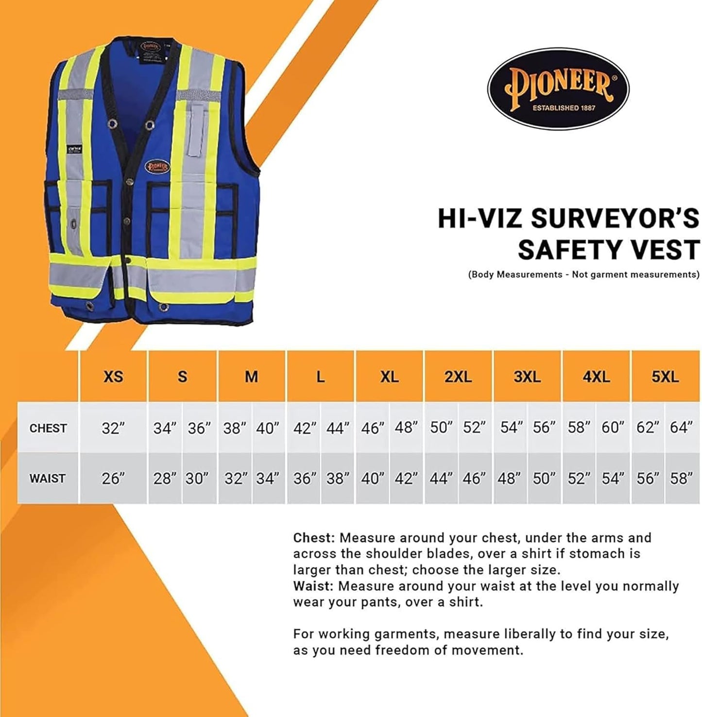 Pioneer Hi Vis Surveyor's Safety Vest - Engineer Style - Breathable Mesh & Reflective Tape - 7 Pockets - Royal Blue