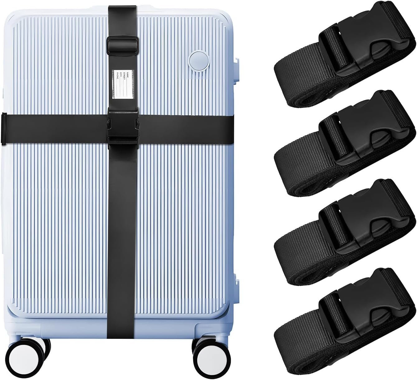 4 Pack Luggage Straps for Suitcases, Travel Adjustable Luggage Band Bag Straps with Luggage Tag, Heavy Duty Non-Slip Suitcase Belt with Quick-Release Buckle Ensure Suitcase Security, Black