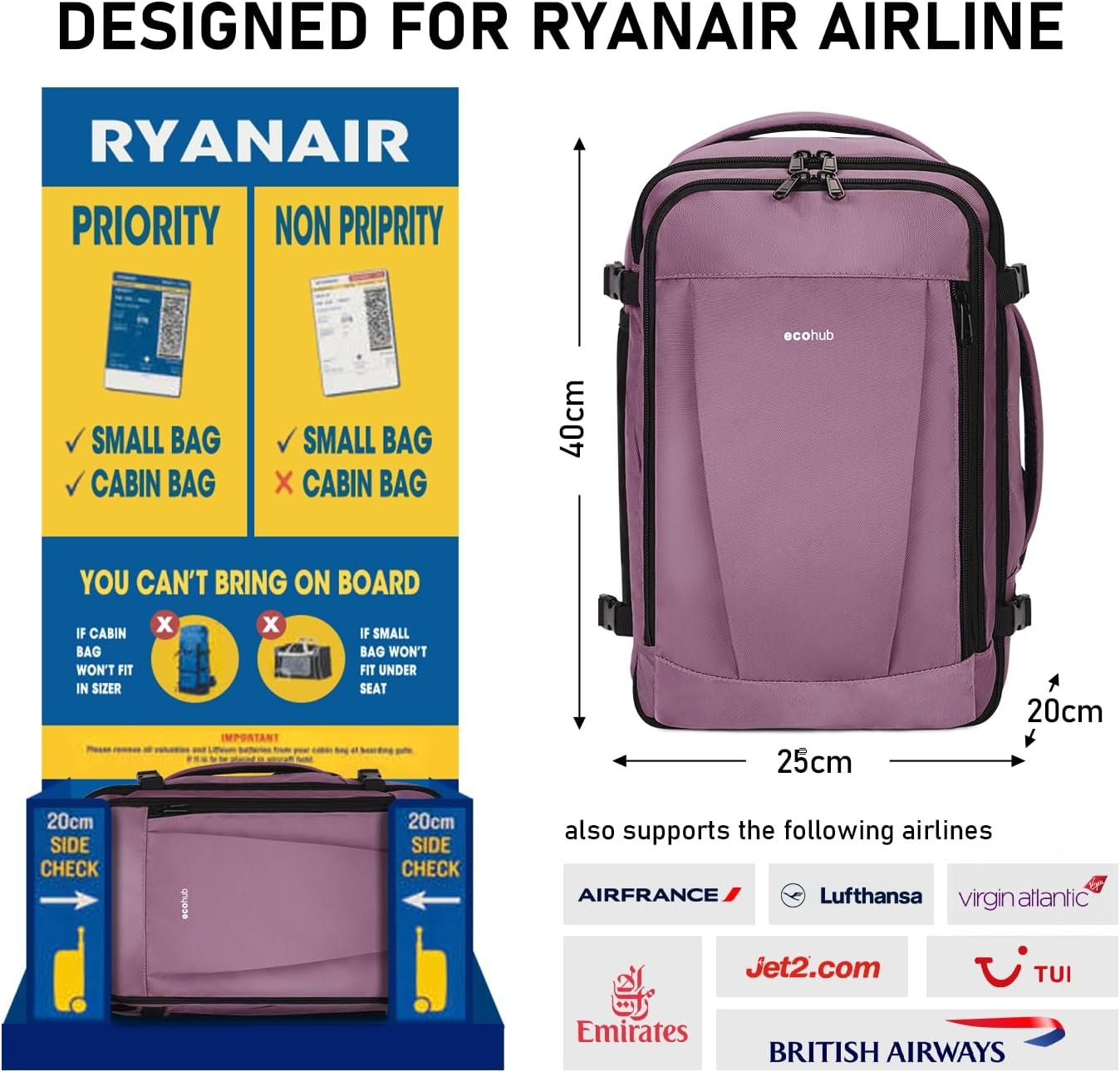 ECOHUB Ryanair Cabin Bag 40x20x25 Underseat Travel Bag 13 Pockets Hand Luggage Backpack Recycled PET Eco Friendly Rucksack for Women & Men Carry on Bag with USB Port, 20L