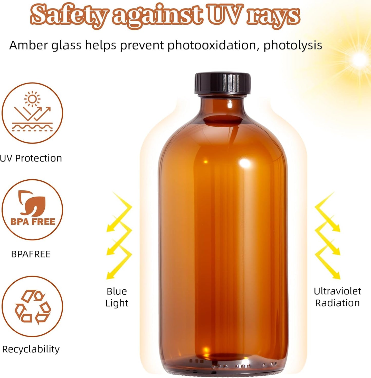 Kuleyng 500ml Amber Glass Spray Bottles – Pack of 4 | Refillable Empty Sprayers with Adjustable Nozzle for Cleaning, Plants, Essential Oils & Hair Care | UV Protection for Sensitive Liquids