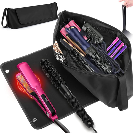 2 in 1 Hair Tools Case With Heat Resistant Mat, Large Travel Bag for Flat Irons, Straighteners, Curling Iron, Haircare Accessories