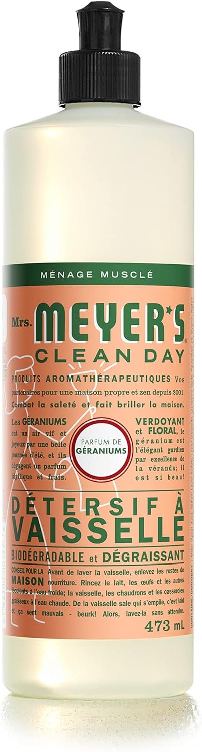 Mrs. Meyer's Clean Day Dish Soap, Cruelty Free and Biodegradable Dishwashing Liquid, Geranium Scent, 473 ml Bottle