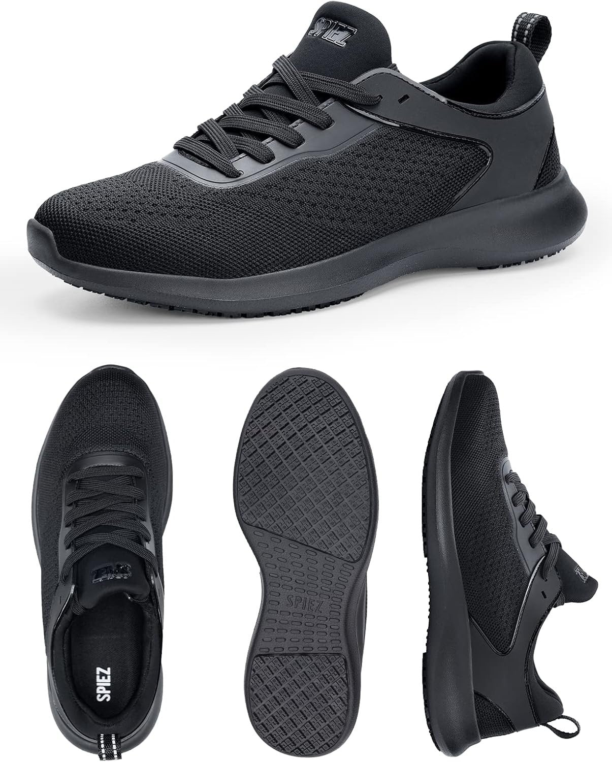 SPIEZ Mens Non Slip Shoes, SRC Slip-Resistant Certified Food Service Shoes, Lightweight Breathable Slip On Work Sneakers Black US7.5-12