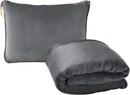 2 In 1 Travel Blanket Pillow, Portable Soft Travel Pillow Blanket, Folding Flannel Blanket for Airplane Car Long Trip, Multi-functional Travel Essentials, Comfortable Blanket for Outdoor Camping (GRY)