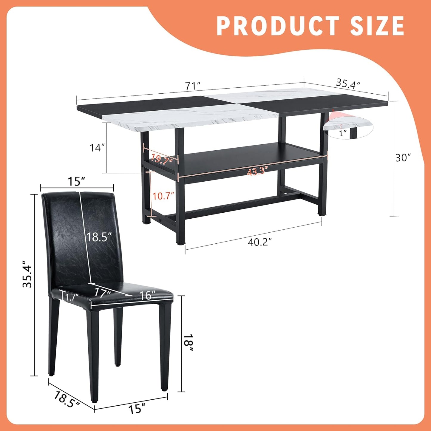 Dinner Table Set for 6, 71" Modern Dining Table Set for 6, Black and White Splicing Tabletop with Storage Shelf, Faux Marble Dining Table and 6 Upholstered Chairs for Kitchen, Dining Room