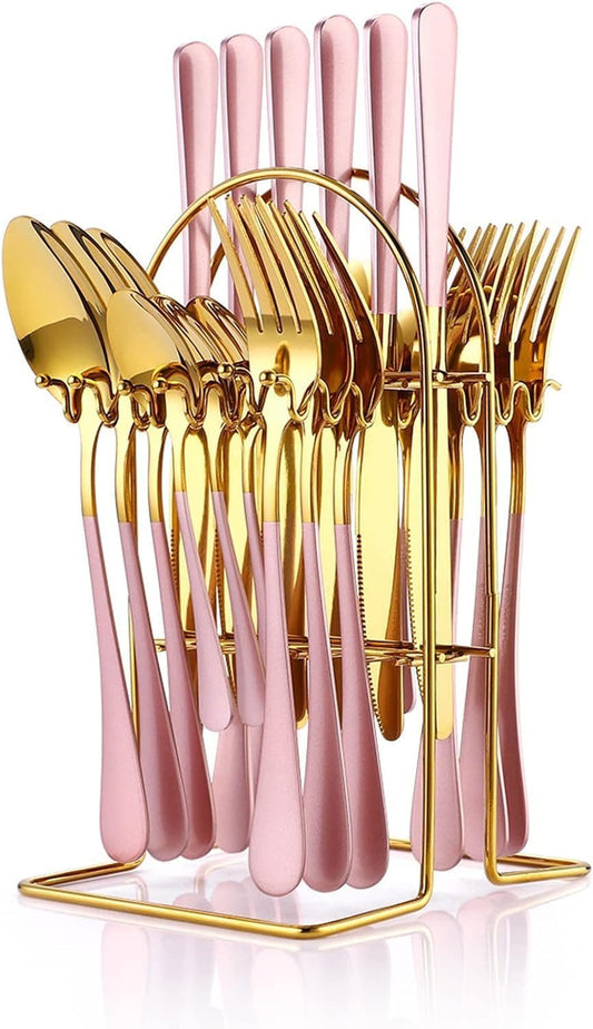 24 Piece Flatware Set, Stainless Steel Cutlery Set with Silverware Holder, Spoons, Forks, and Knives, Utensil Set Service for 6, Gold Mirror Polished and Matte Pink Painted (Pink)