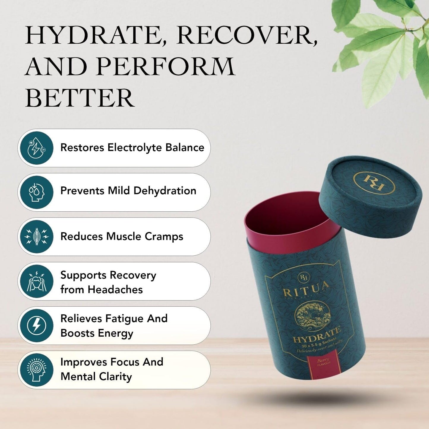 RITUA Zero Sugar HYDRATE Electrolyte Powder, Ideal Pre-workout and Post-workout Powder, Zero Carbs Energy Drink, 1000mg Sodium Per Serve, Natural Flavours and Sweeteners, 30 Sachets (30 Sachets, Berry)