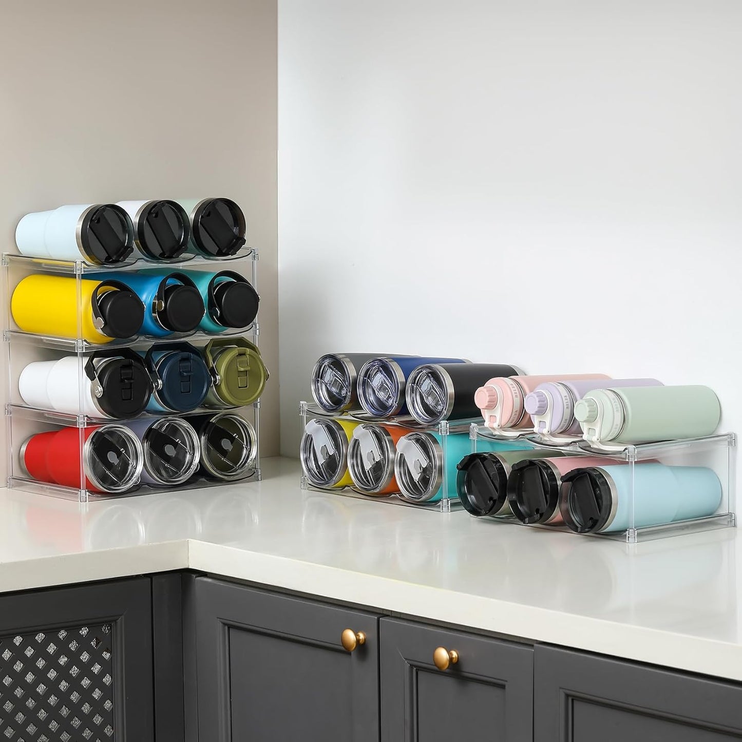 LARGER Compartment - Stackable Water Bottle Organizer Holder - for Stanley & Others' Large Tumbler - Clear Wine Rack, Cup Bottle Holder for Cabinet Home Countertop Fridge Pantry Shelf, 4 Tier Hold 12