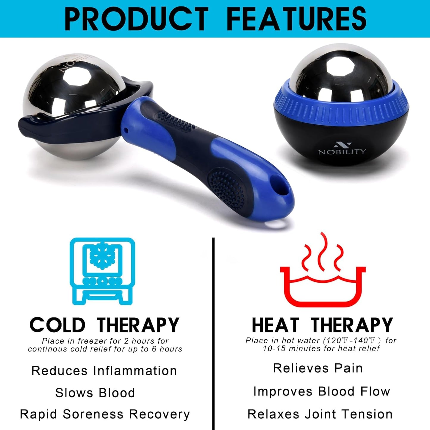 Nobility Massage Ball Roller– Ice Cold and Hot for Deep Tissue and Sore Muscle Relief of Stiffness and Stress, Body, Neck, Back, Foot, Plantar Fasciitis (Blue)
