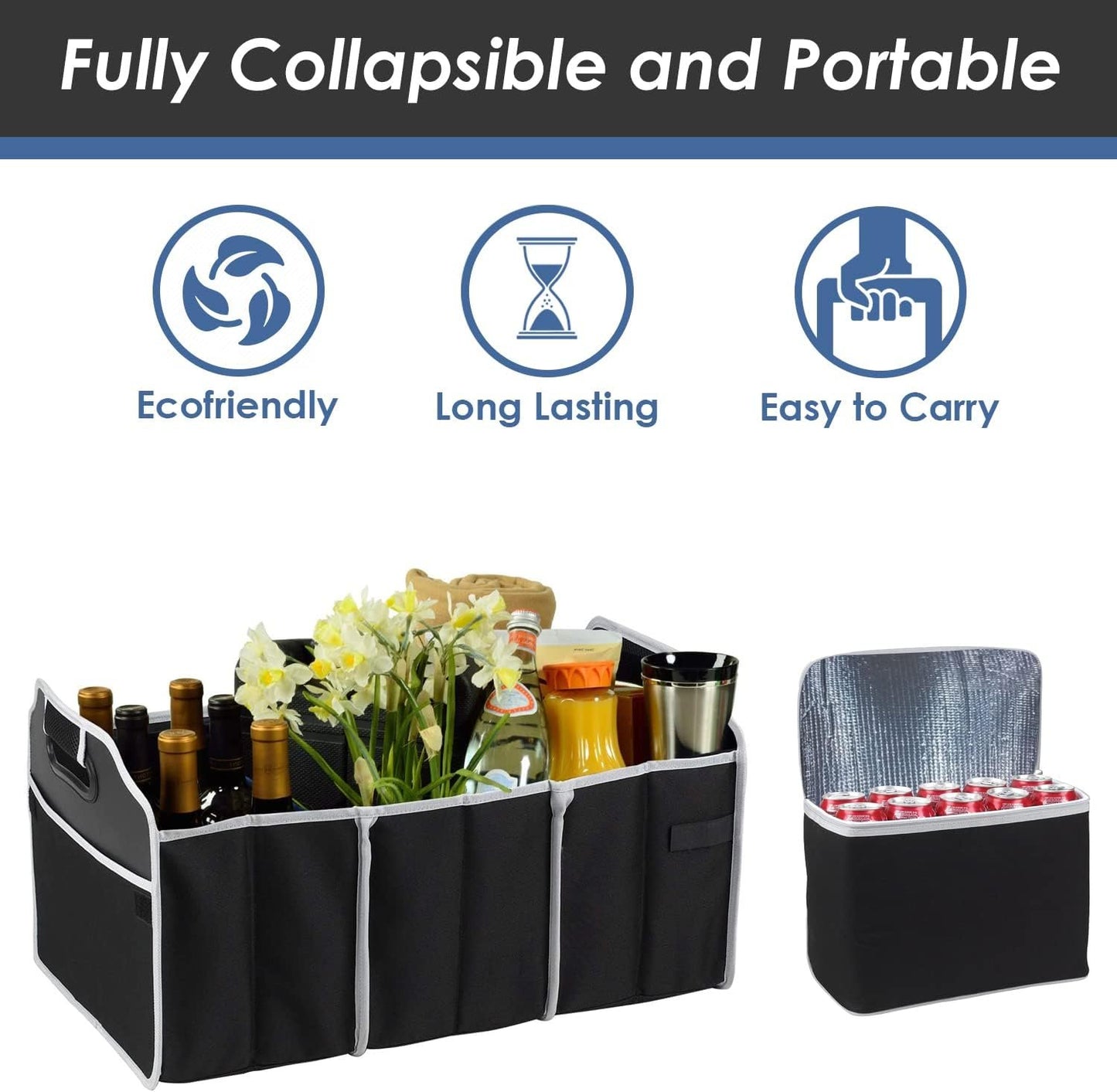Car Organizer with cooler bag - Expandable, Collapsible Trunk Organiser, Durable, Portable Car Boot Organisation. Perfect for car, home and pet use.