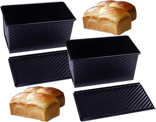 2 Pack Pullman Loaf Pans with Lids, Carbon Steel Bakeware Toast Molds, Trendy 1lb Dough Toast corrugated Mold, Non-Stick Bread Pan Bakeware, High-capacity Baking Tool Must Have for Bread Lover (Black)