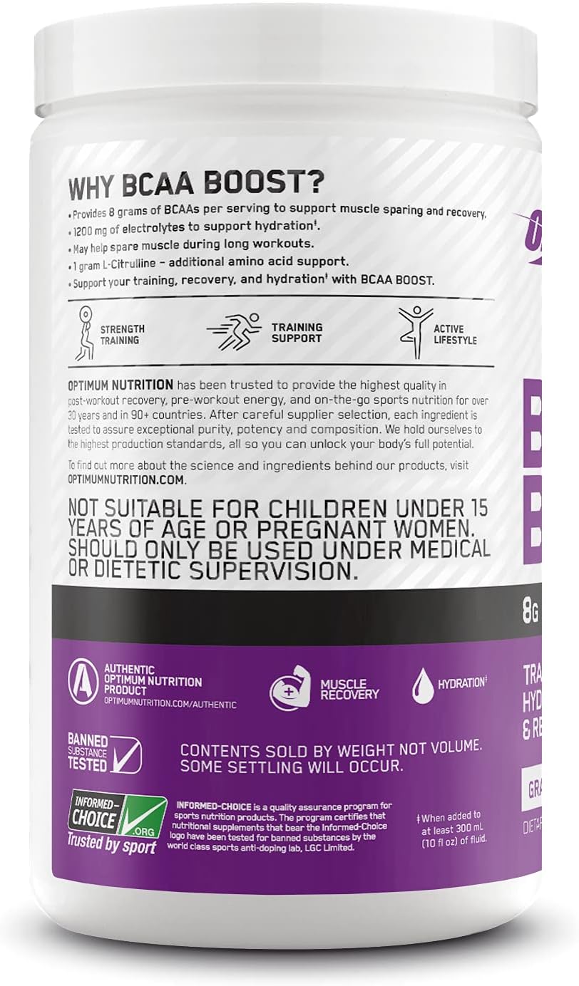 OPTIMUM NUTRITION BCAA BOOST 8g BCAA + Electrolytes Powder, Grape Burst Flavour, 390g, 30 Servings