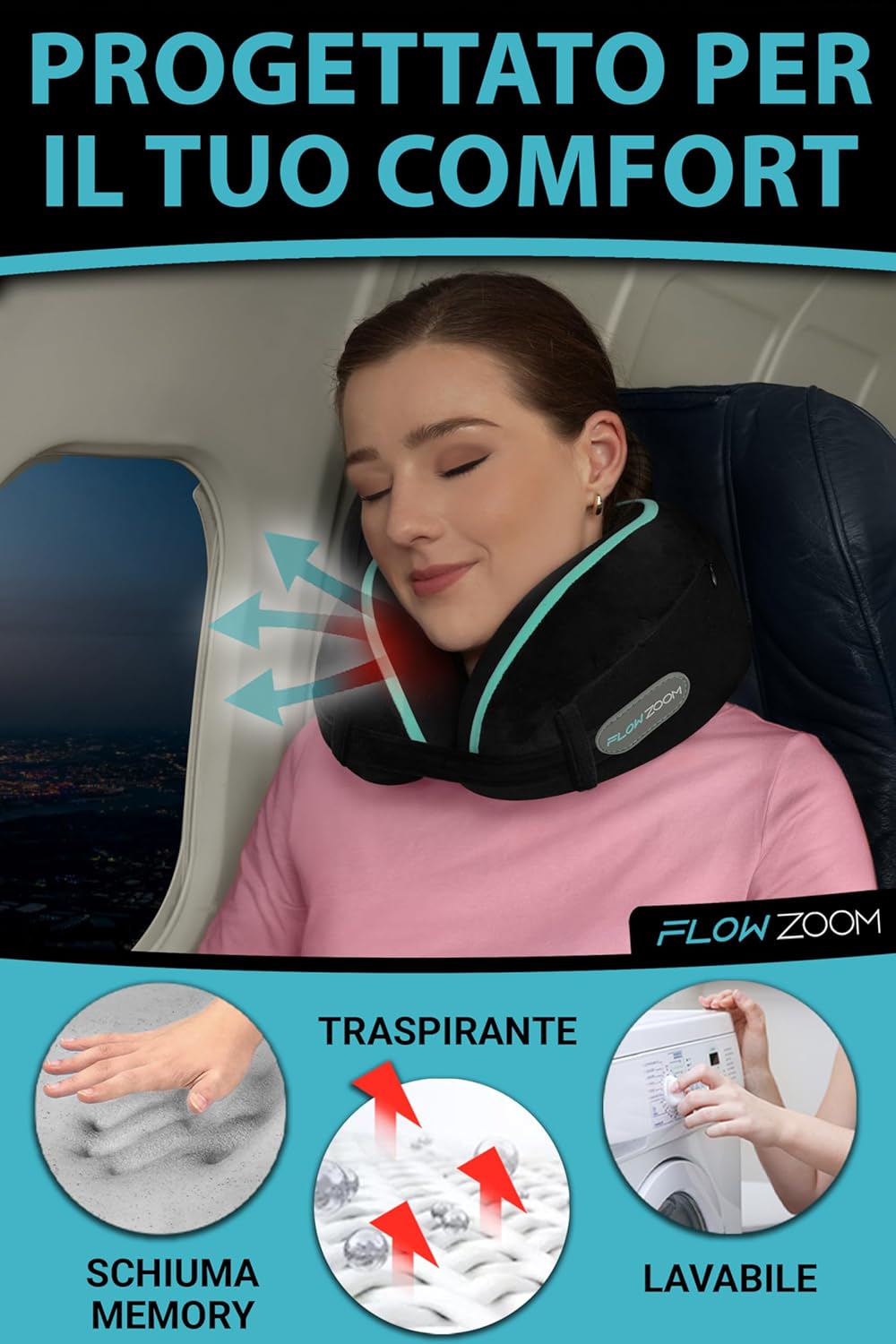 FLOWZOOM Dream Memory Foam Travel Neck Pillow - Airplane & Car Pillow, Adjustable with Raised Sides for Extra Support, Velvety Washable Lining and Mesh Bag - Black