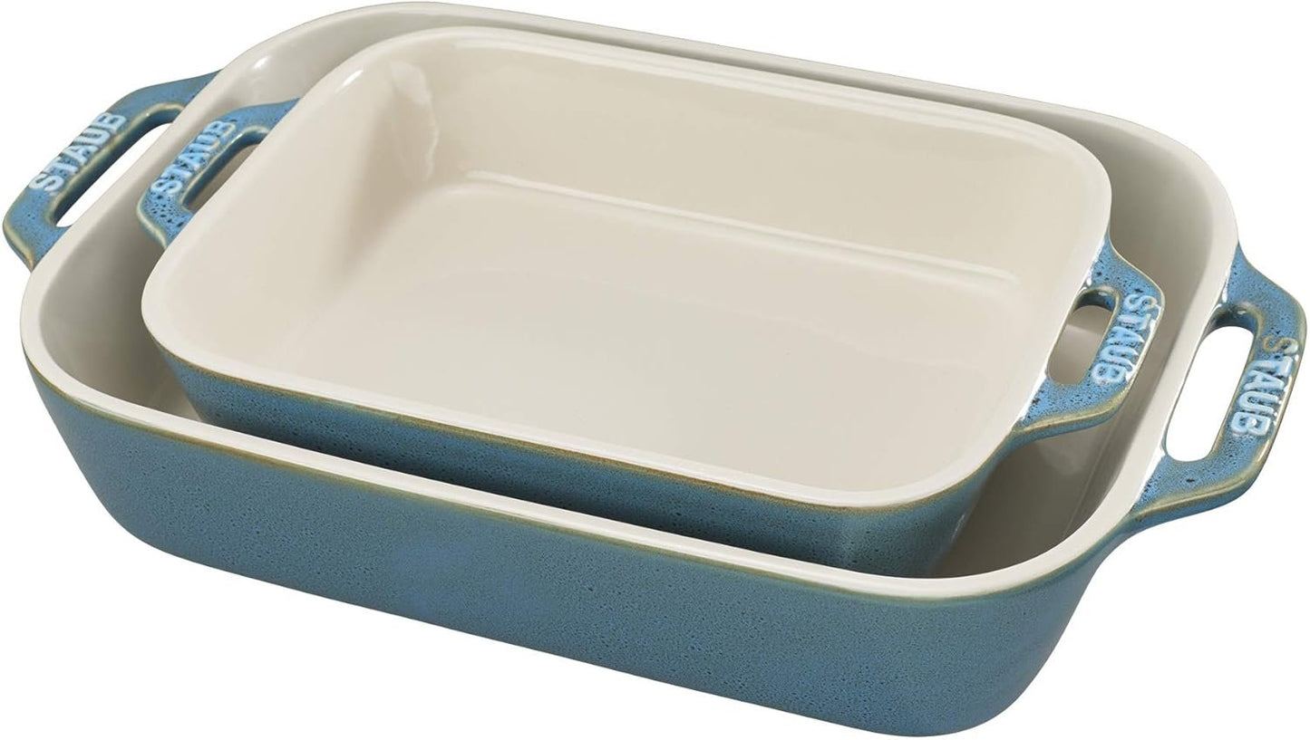 STAUB Ceramics Rectangular Baking Dish Set, Casserole Dish, Baking Pans for Lasagna, Cake, 2-Piece, Rustic Turquoise