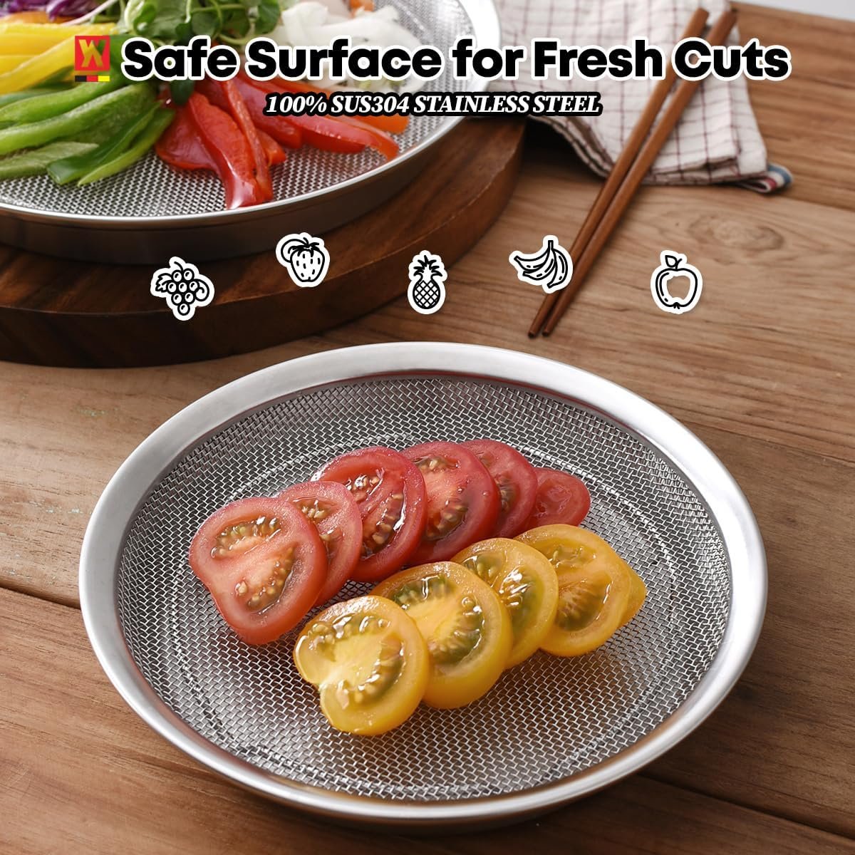 WAGENSTEIGER Stainless Steel Mesh Tray Set with Drip Pan, Air Fryer Basket and Tray, Kitchen Colander, Vegetable and Fruit Strainer, Food Filter, BBQ Prep Tool, Fruit Serving Dishes (7.48 inch)