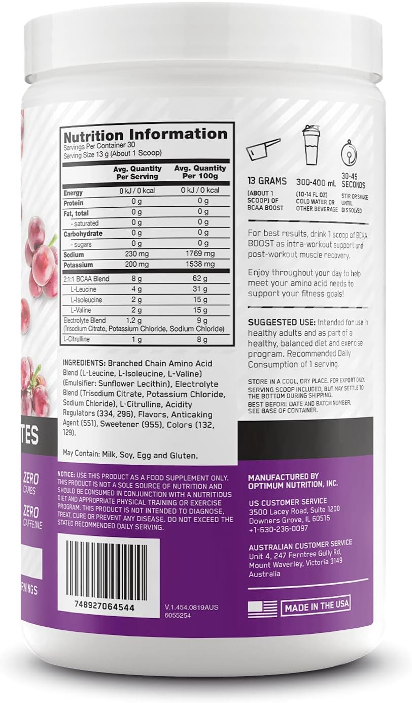 OPTIMUM NUTRITION BCAA BOOST 8g BCAA + Electrolytes Powder, Grape Burst Flavour, 390g, 30 Servings