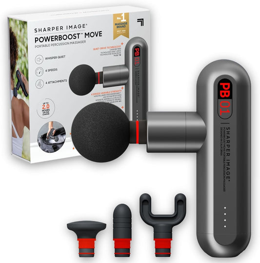 Sharper Image Deep Tissue Portable Percussion Massage Gun, Powerboost Move Full Body, Back & Neck Muscle Massager with 4 Attachments - Handheld Rechargeable Electric Massage Gun for Athletes