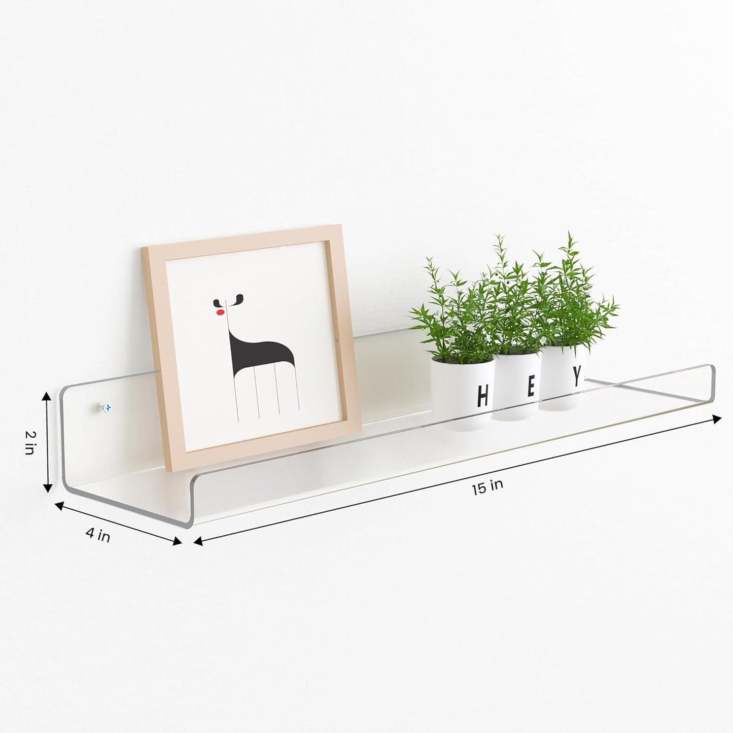 upsimples Clear Acrylic Shelves for Storage, 15" Floating Shelves Wall Mounted for Kids Bookshelf/Display Ledge for Bedroom, Living Room, Bathroom, Kitchen, Set of 4